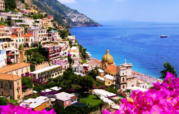 Picture Amalfi, flowers, Italy, nature, home, coast, the city, sea, Cathedral, rocks, Italy, landscape, Amalfi