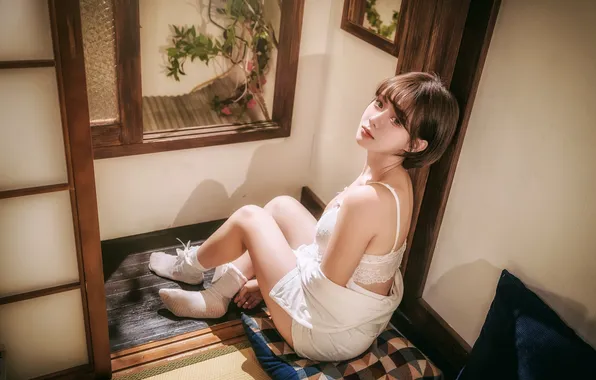 Picture Asian, short hair, model, women, brunette, white lingerie, socks, white socks