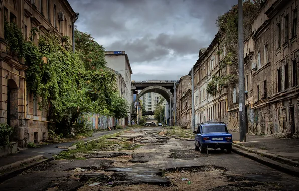 Picture road, auto, the city, building, the ruins, Ukraine, Lada, Lada
