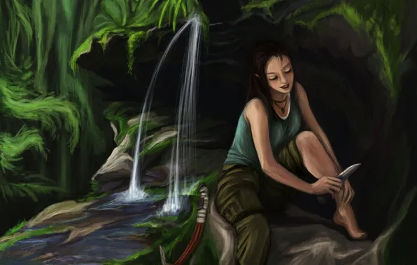 Picture water, face, waterfall, art, knife, Tomb Raider, leg, Lara Croft