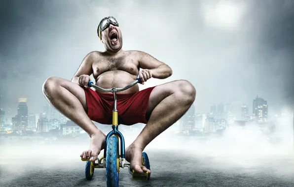 Man, buildings, wheel, tricycle, gestures