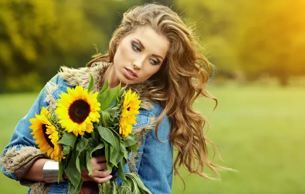 Picture autumn, girl, sunflowers, flowers, brown hair, eyes, curls, lips