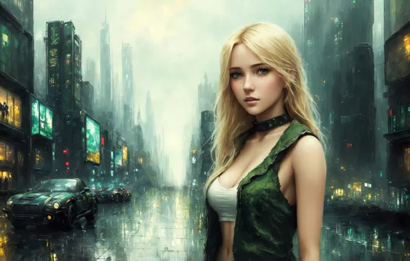 Girl, fantasy, art, street, painting, dystopia, blond, digital art