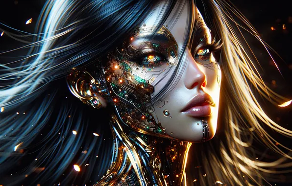 Machine, look, girl, flowers, face, style, the dark background, fiction