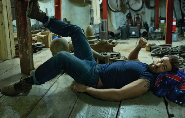 Jeans, shoes, t-shirt, actor, lies, on the floor, mess, photoshoot