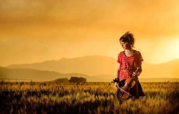 Picture field, sunset, mountains, violin, beauty, violin, Lindsey Stirling, Lindsey Stirling
