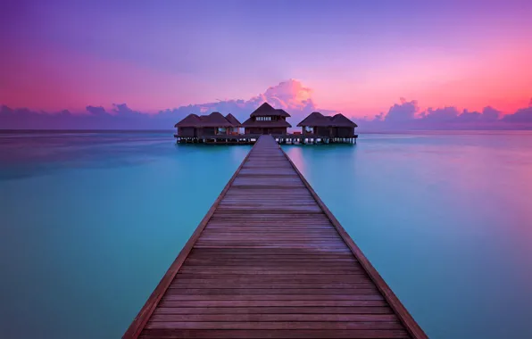 Picture sunset, the ocean, pierce, resort, Bungalow, Maldives, Per Aquum, Fushi