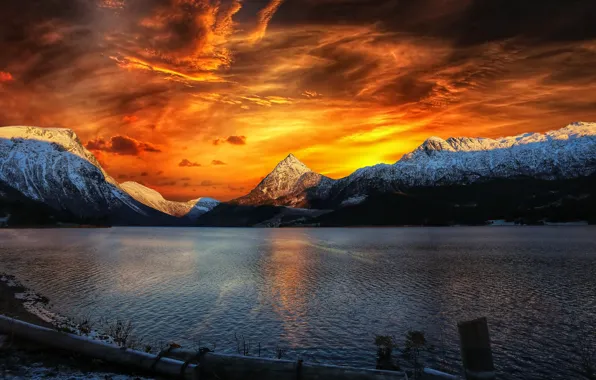 Sea, sunset, mountains
