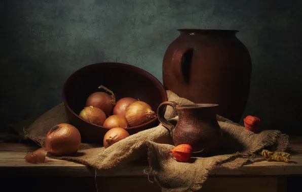 The dark background, table, food, bow, mug, dishes, pot, bowl