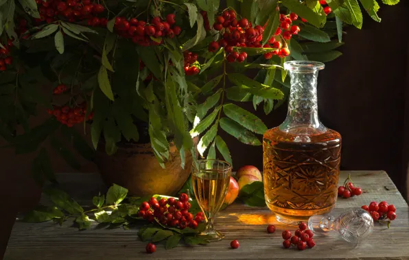 Glass, leaves, light, berries, table, bouquet, alcohol, still life