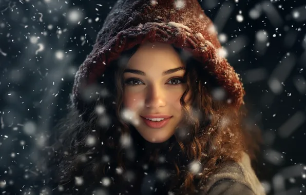 Winter, look, girl, snow, joy, night, smile, the dark background