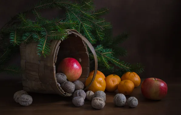 Branches, the dark background, table, apples, Christmas, New year, still life, basket