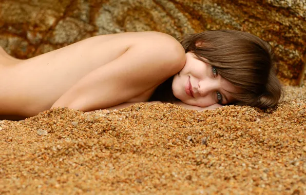 Sand, naked body, smile