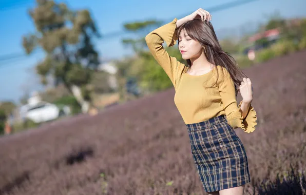 Field, girl, Asian, bokeh