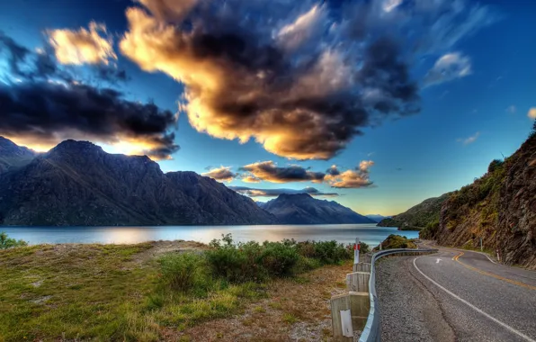 Road, greens, the sky, grass, water, clouds, landscape, mountains
