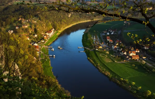 Forest, mountains, branches, river, tree, rocks, Germany, village