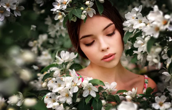 Picture girl, flowers, face, spring, flowering, Renat Fotov