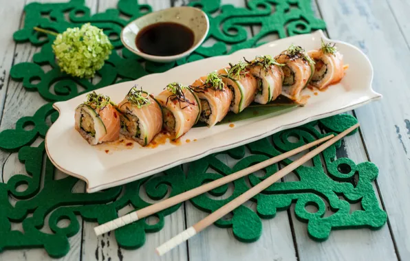 Sticks, sauce, sushi, wasabi