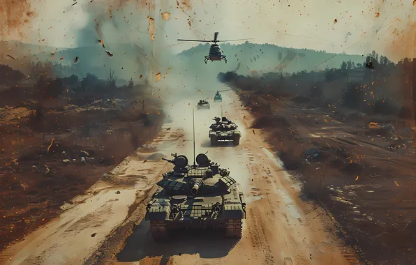 Road, Retro, Helicopter, Tanks, Digital art, AI art, The Art of Artificial Intelligence, Neural network