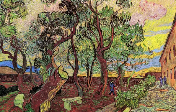 Trees, people, shop, Vincent van Gogh, Hospital 4, The Garden of Saint-Paul