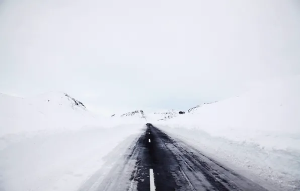 Winter, road, snow, fog
