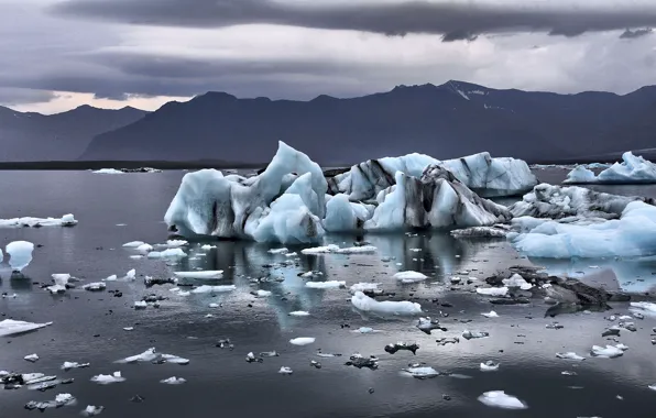 Winter, mountains, clouds, reflection, shore, ice, glacier, ice