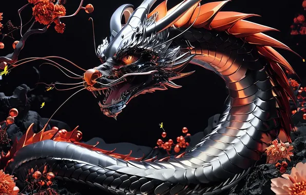 Flowers, branches, dragon, mouth, black background, digital art, a mythical creature, digital art