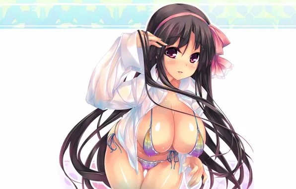 Girl, sexy, wet, cleavage, long hair, brown hair, boobs, anime