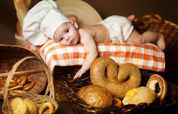 Picture children, baby, bread, lies, bagels, bread, child, cap