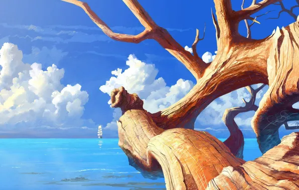 Picture sea, branches, tree, ship, sailboat, art, trunk, Sunny