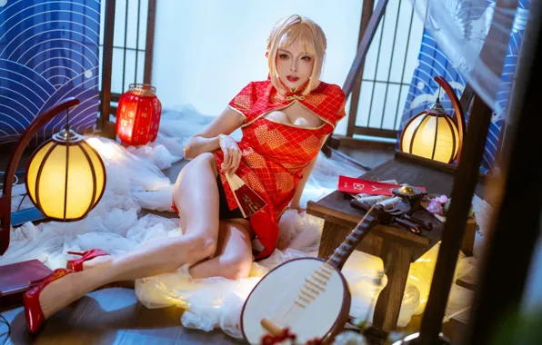 Lamp, Asian, table, big Breasts, musical instrument, cosplay, long legs, sexy blonde