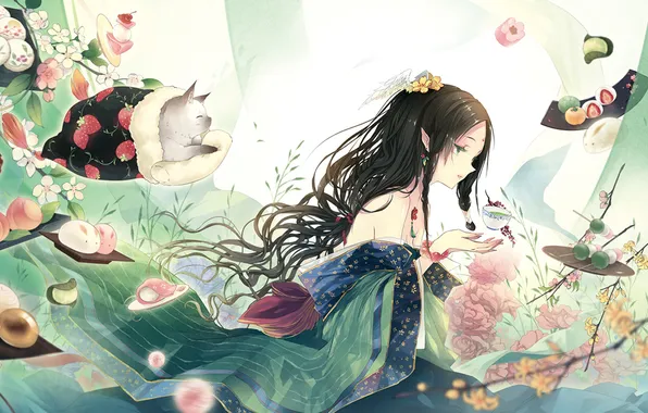 Cat, flowers, tea, food, Girl, kimono
