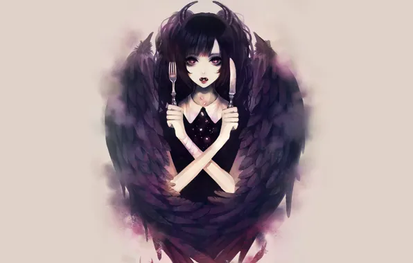 Picture girl, wings, knife, horns, The demon, plug