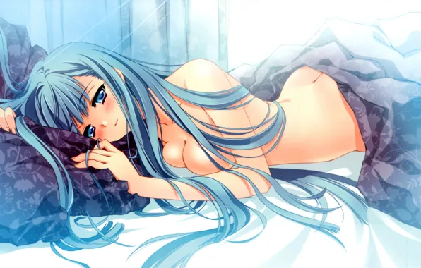 Girl, the sun, rays, bed, lies, blue hair