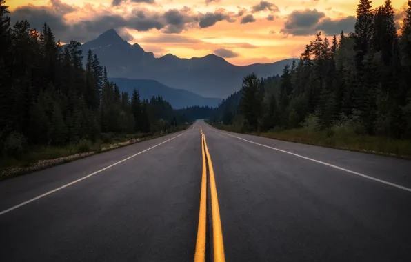 Road, forest, mountains, the evening, Canada, Albert