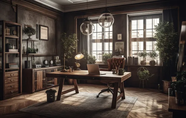 Design, style, interior, plants, the scenery, vintage, office, home office
