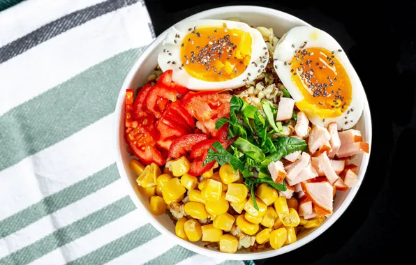 Eggs, corn, meat, vegetables, tomatoes, salad