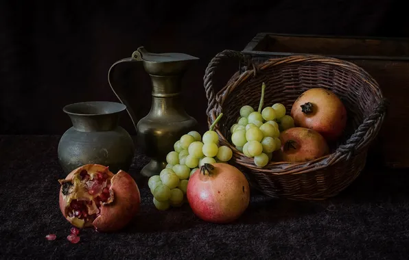 Grapes, pitcher, still life, basket, garnet