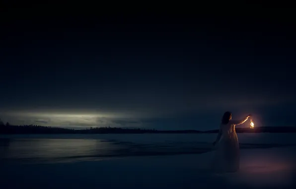 Picture winter, girl, snow, night, darkness, dress, lights, pond
