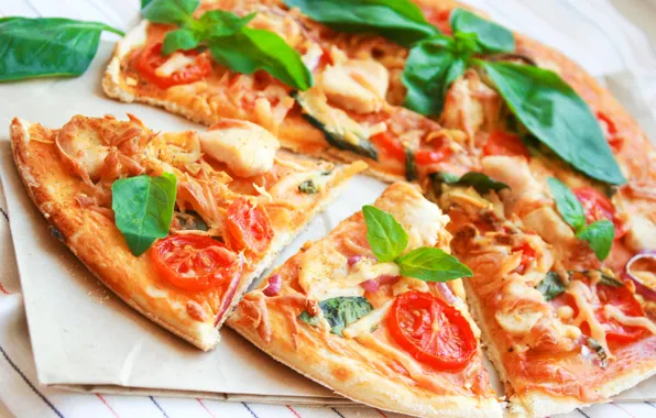Picture food, chicken, cheese, bow, meat, vegetables, pizza, tomatoes