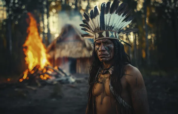 Trees, Fire, Feathers, Warrior, Maya, Hut, Male, Digital art