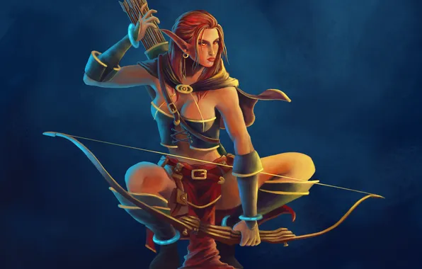 Girl, elf, bow, art, elf, arrows, blue background