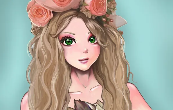 Look, girl, flowers, face, background, hair, roses, art