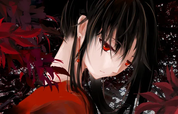 Picture look, leaves, girl, foliage, earrings, painting, red eyes, neck