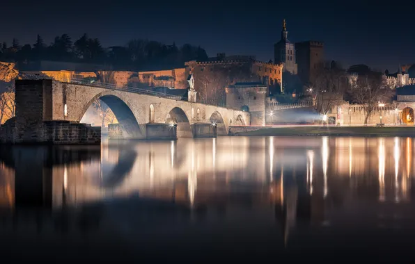 Night, lights, reflection, France, the rhône river, Avignon, the Pont d'avignon