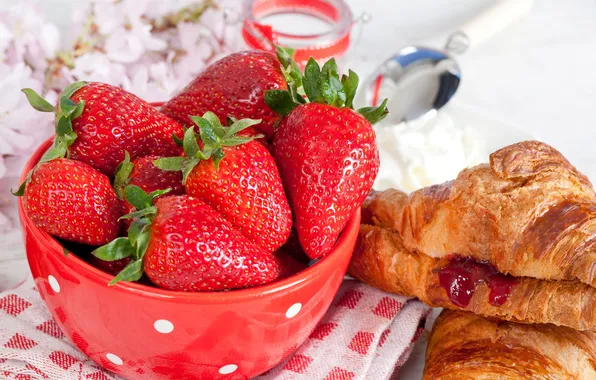 Picture berries, Breakfast, cream, strawberry, red, cakes, jam, croissants