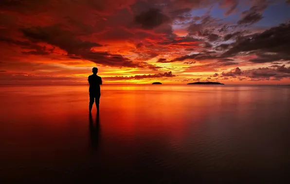Clouds, sunset, lake, reflection, mirror, male, orange sky