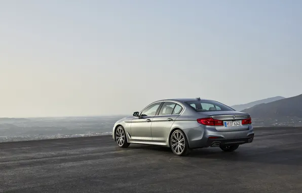 Picture the sky, asphalt, mountains, grey, BMW, horizon, back, sedan