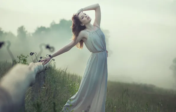 Girl, fog, fence, bracelet, brown hair