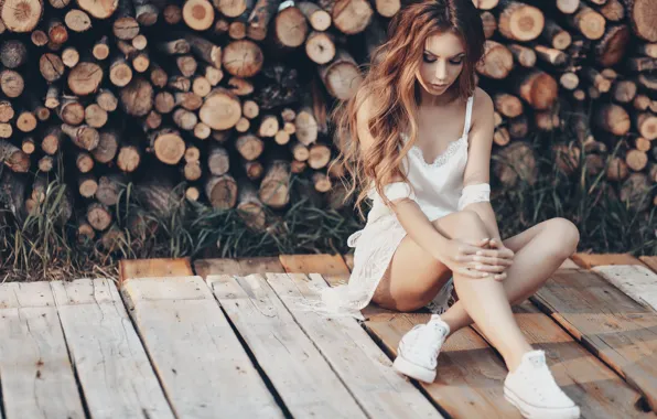 The sun, sunset, mood, logs, Beautiful, beautiful girl, mood, walk